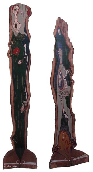 Irène Philips - THE HOLLOW TREE or THE TWO HALVES - Polychromed wood, 250 cm and 205 cm