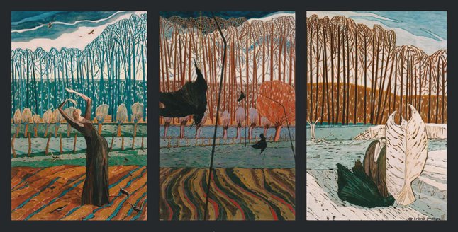 Irène Philips - FLEMISH PASTORAL - Triptych: FREEDOM - PUBLIC EXECUTION - DEATH AND RESURRECTION - Tempera on paper, 3 x 90 x 70 cm, 1998